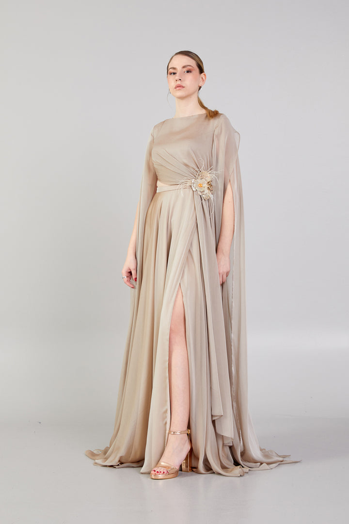 Waist Detailed Chiffon Fabric Evening Dress