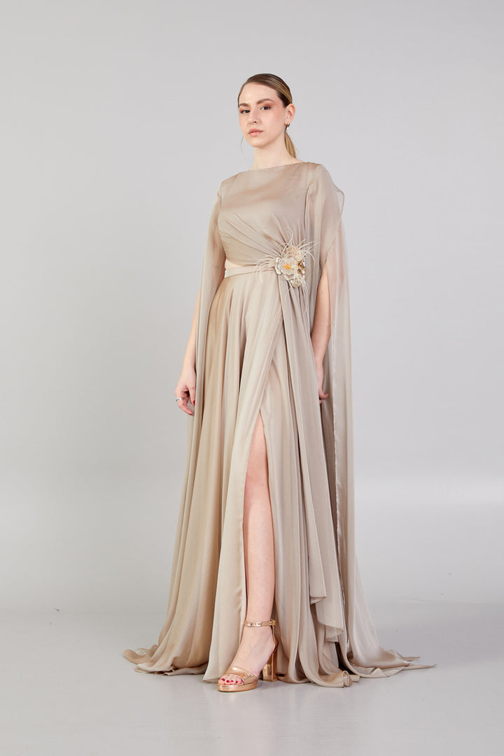 Waist Detailed Chiffon Fabric Evening Dress