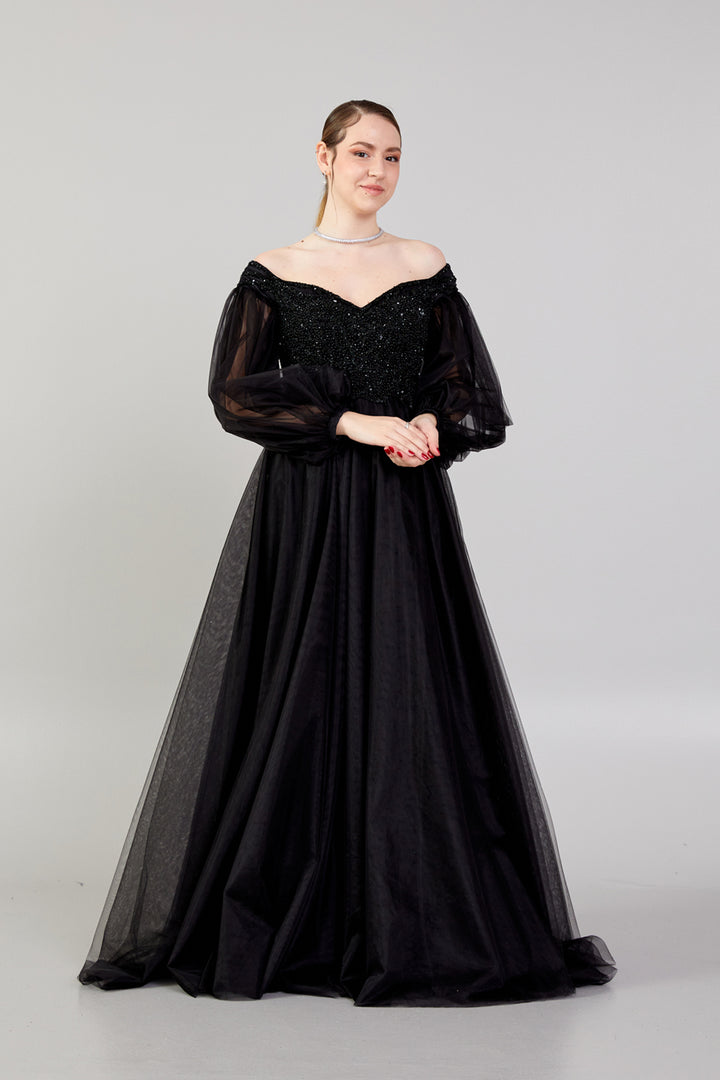 Tulle Balloon Sleeve Embroidered Evening Dress