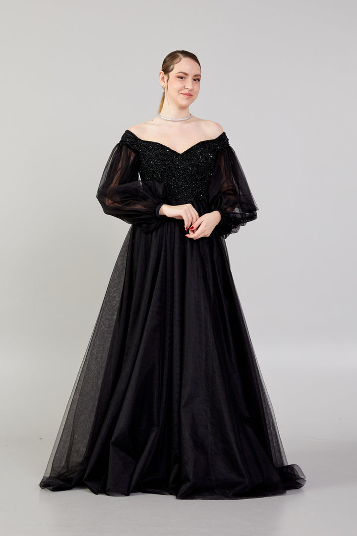 Tulle Balloon Sleeve Embroidered Evening Dress