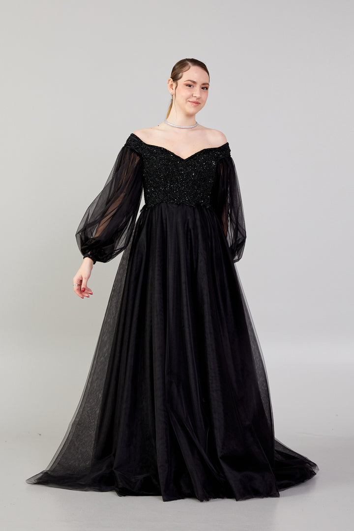 Tulle Balloon Sleeve Embroidered Evening Dress