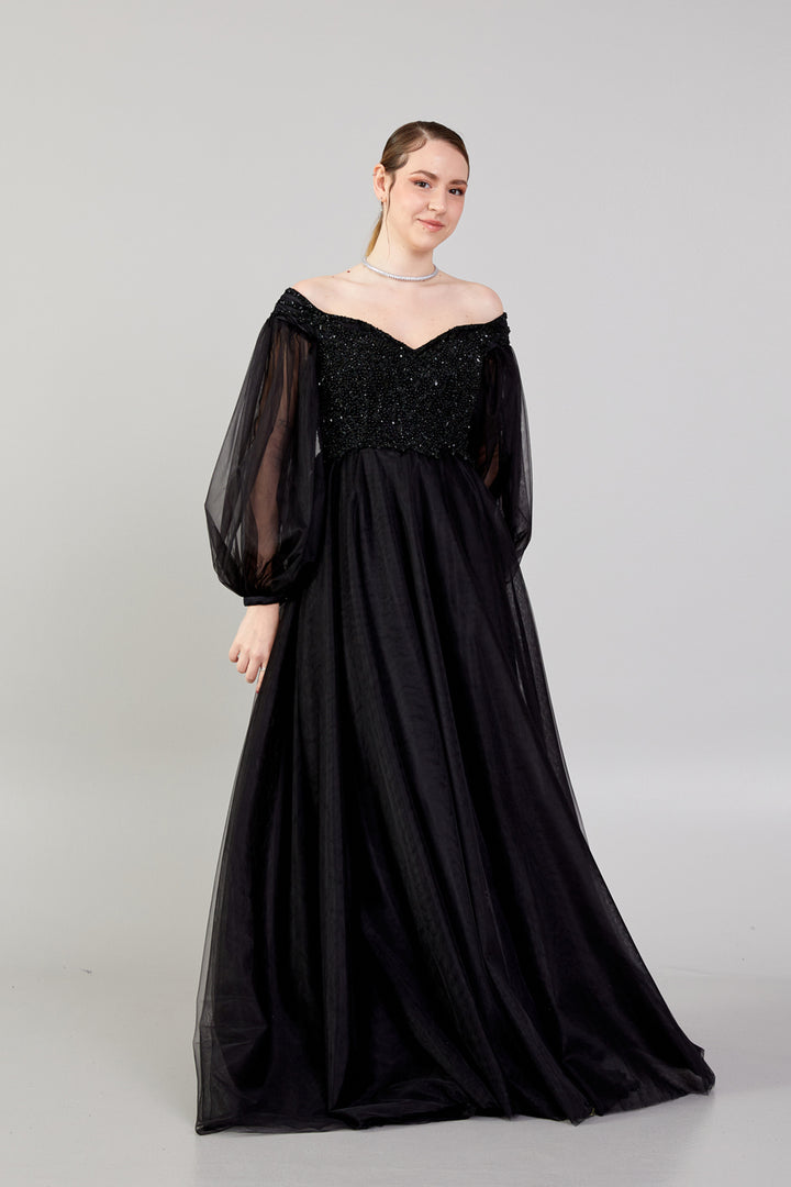 Tulle Balloon Sleeve Embroidered Evening Dress