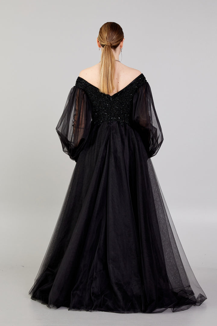 Tulle Balloon Sleeve Embroidered Evening Dress