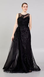 Load image into Gallery viewer, Special Evening Dress with Cape Detail at the Waist and Allover Embroidery
