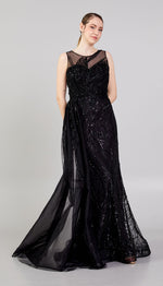 Load image into Gallery viewer, Special Evening Dress with Cape Detail at the Waist and Allover Embroidery
