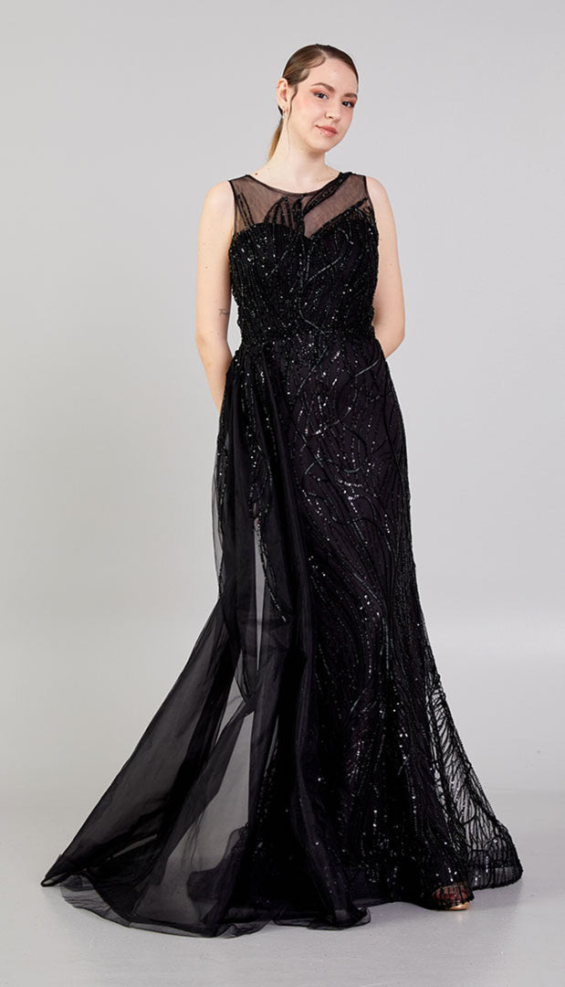 Special Evening Dress with Cape Detail at the Waist and Allover Embroidery