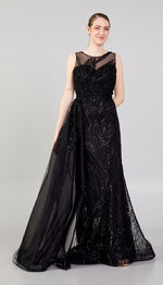 Load image into Gallery viewer, Special Evening Dress with Cape Detail at the Waist and Allover Embroidery
