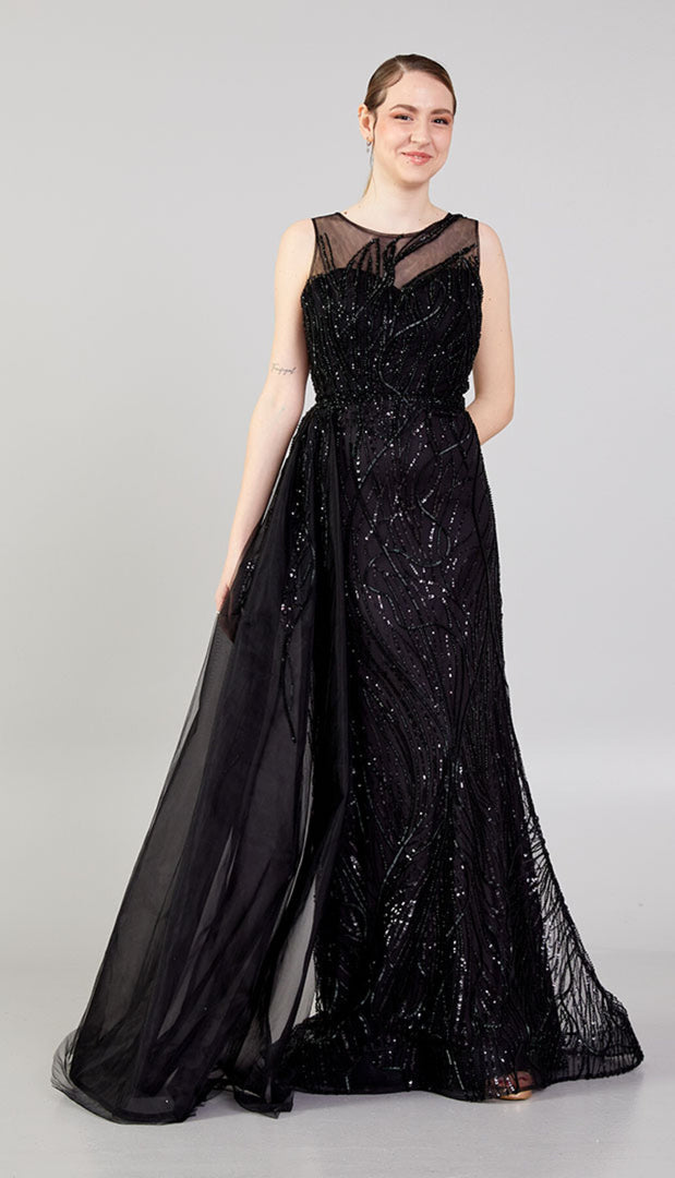 Special Evening Dress with Cape Detail at the Waist and Allover Embroidery