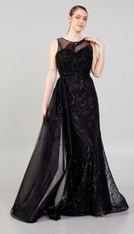 Load image into Gallery viewer, Special Evening Dress with Cape Detail at the Waist and Allover Embroidery
