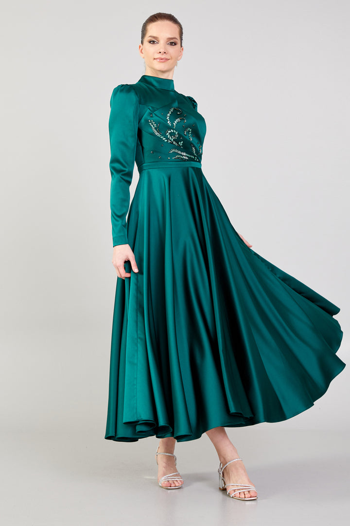 Drape Detailed Stone Embroidered Evening Dress