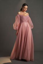 Load image into Gallery viewer, Tulle Balloon Sleeve Embroidered Evening Dress
