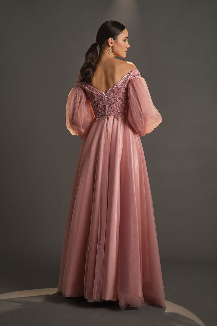 Tulle Balloon Sleeve Embroidered Evening Dress