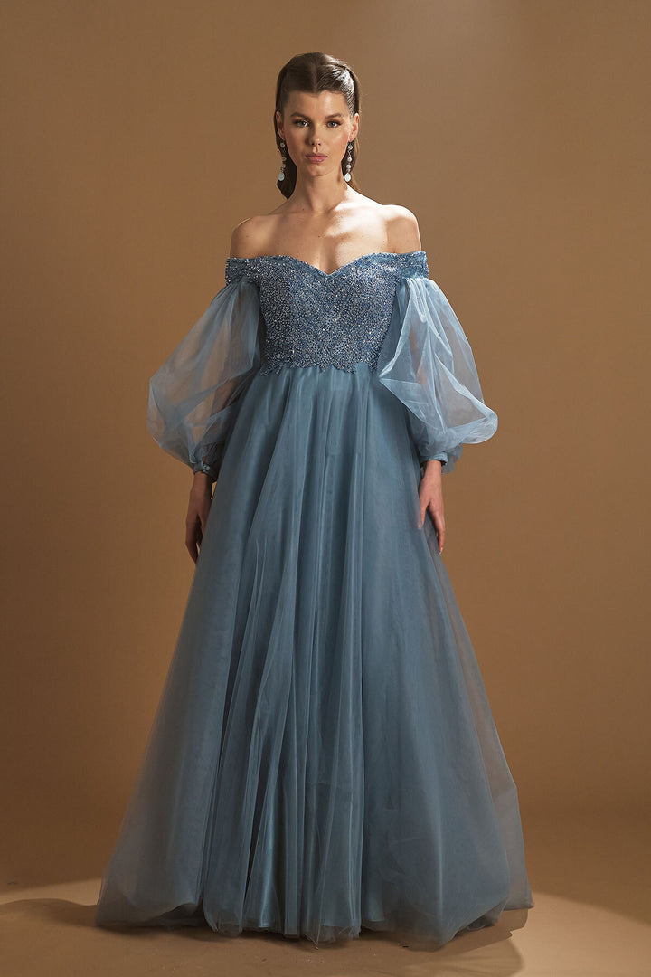 Tulle Balloon Sleeve Embroidered Evening Dress