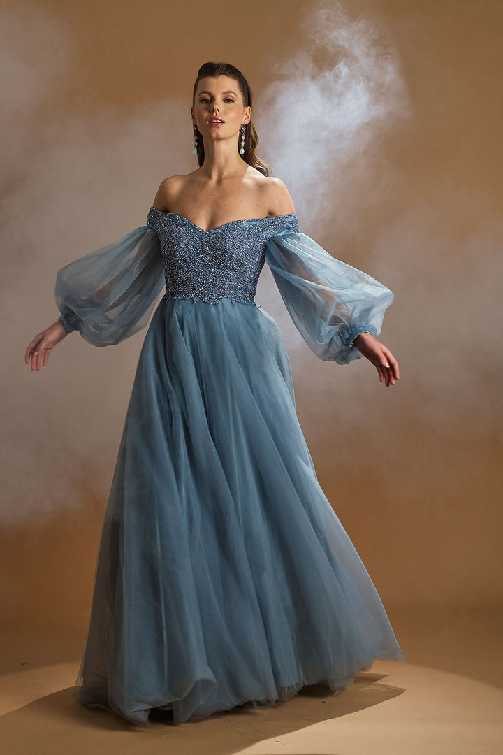 Tulle Balloon Sleeve Embroidered Evening Dress