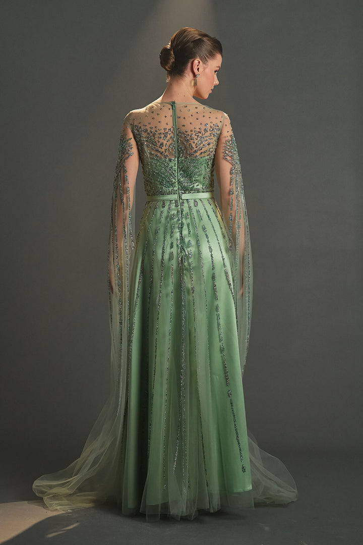 Embroidered Boat Neck Evening Dress