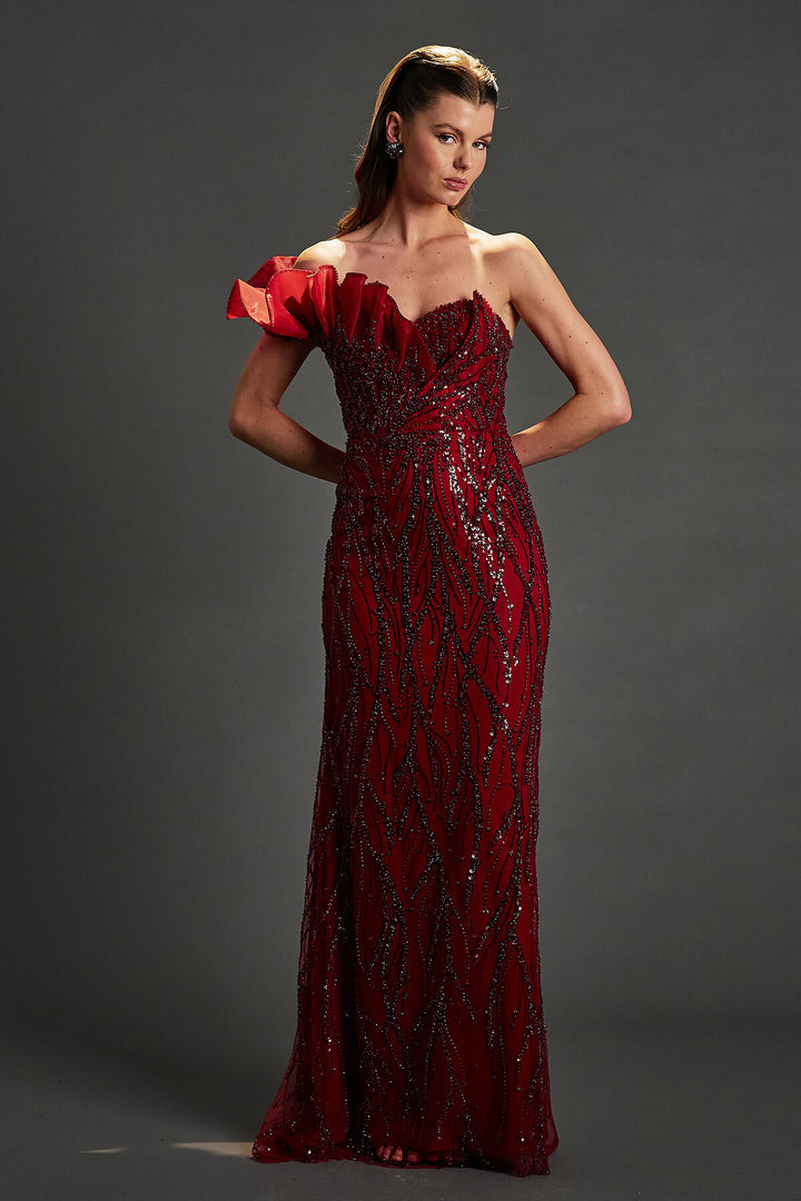 Beaded Evening Dress with Ruffle Detail on the Collar