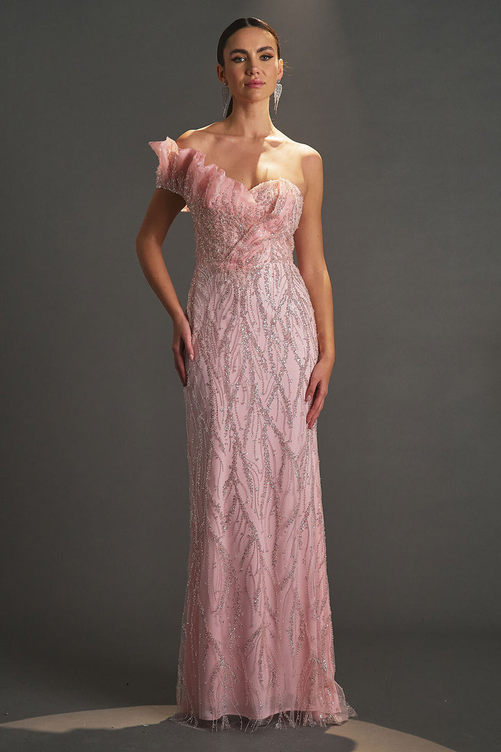 Beaded Evening Dress with Ruffle Detail on the Collar