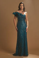 Load image into Gallery viewer, Beaded Evening Dress with Ruffle Detail on the Collar
