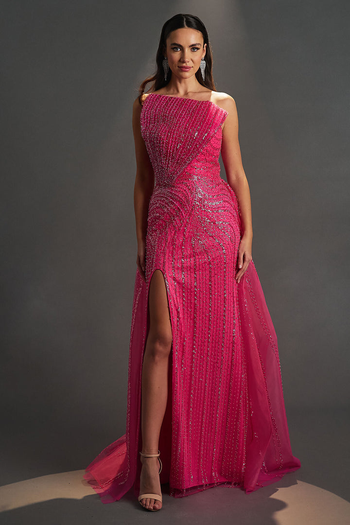 Rigid Collar Detailed Beaded Evening Dress