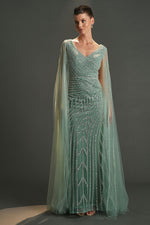 Load image into Gallery viewer, Special Evening Dress with Tulle Cape Detail and Allover Embroidery
