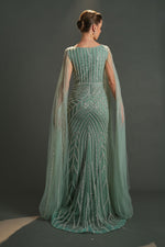 Load image into Gallery viewer, Special Evening Dress with Tulle Cape Detail and Allover Embroidery
