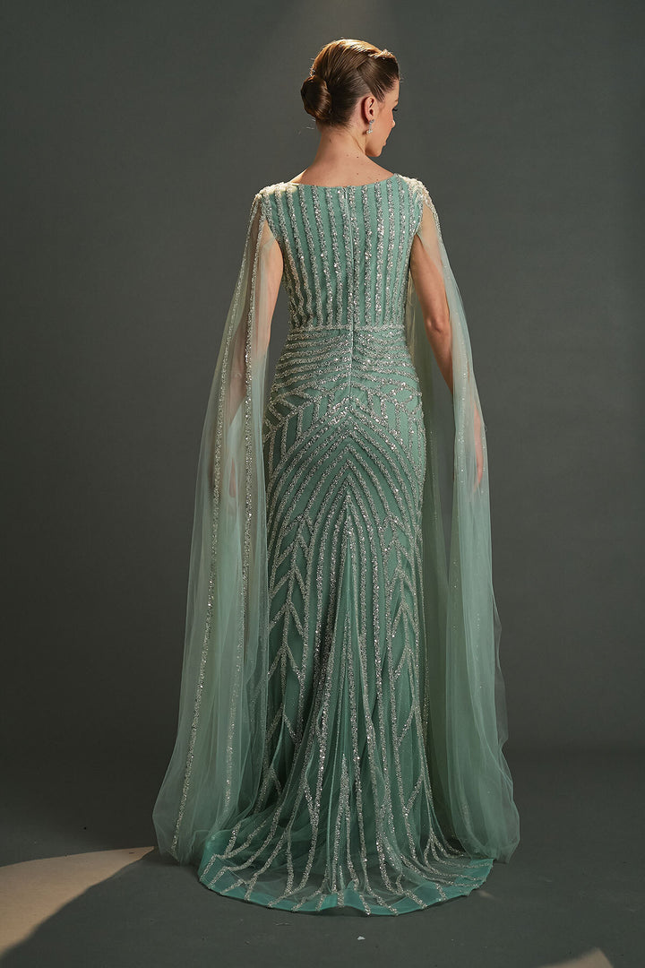 Special Evening Dress with Tulle Cape Detail and Allover Embroidery