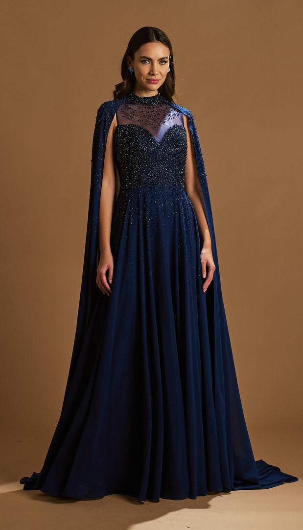 Bust Embroidered Cape Chiffon Evening Dress