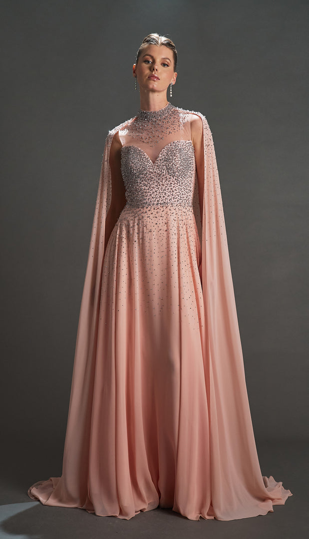 Bust Embroidered Cape Chiffon Evening Dress