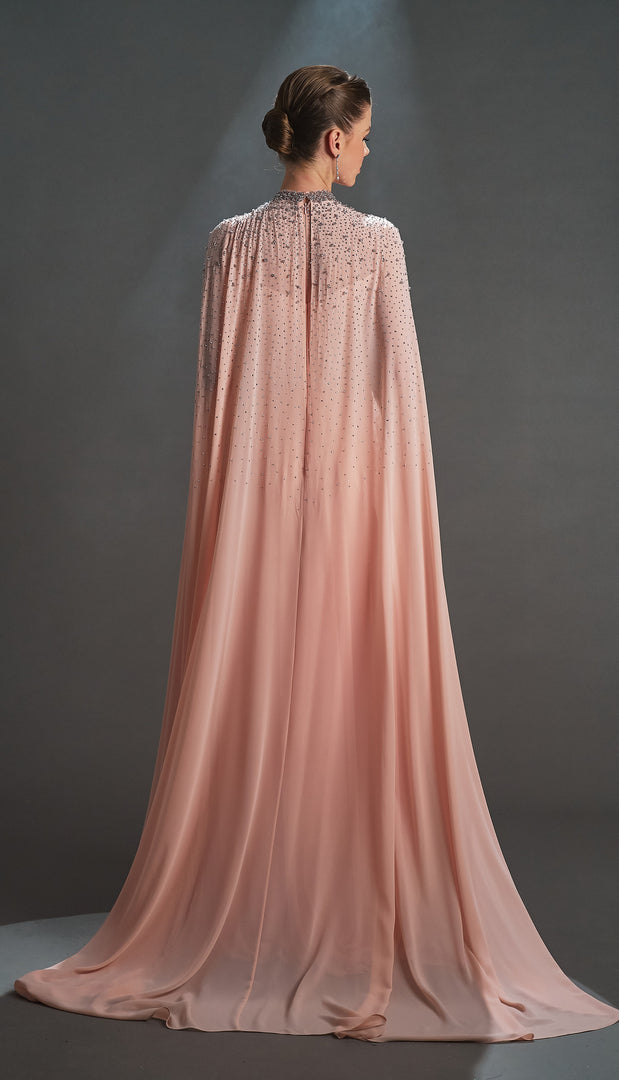 Bust Embroidered Cape Chiffon Evening Dress