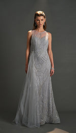 Load image into Gallery viewer, Special Evening Dress with Cape Detail at the Waist and Allover Embroidery
