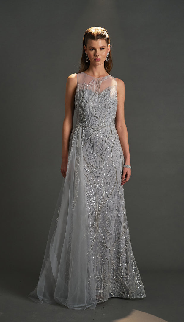 Special Evening Dress with Cape Detail at the Waist and Allover Embroidery