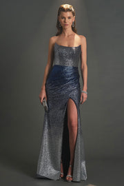 Double Color Glittered Strapless Evening Dress