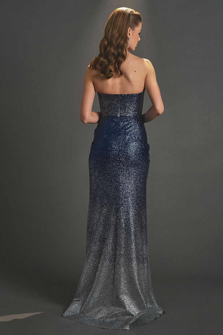 Double Color Glittered Strapless Evening Dress