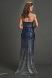 Double Color Glittered Strapless Evening Dress