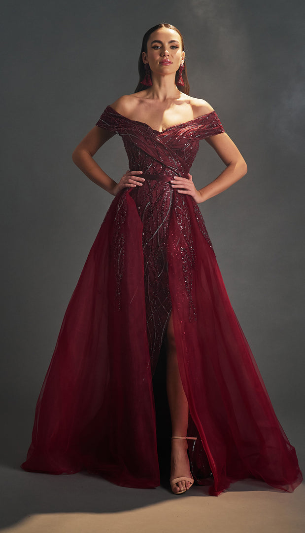 Delicately Embroidered Tulle Cape Evening Dress