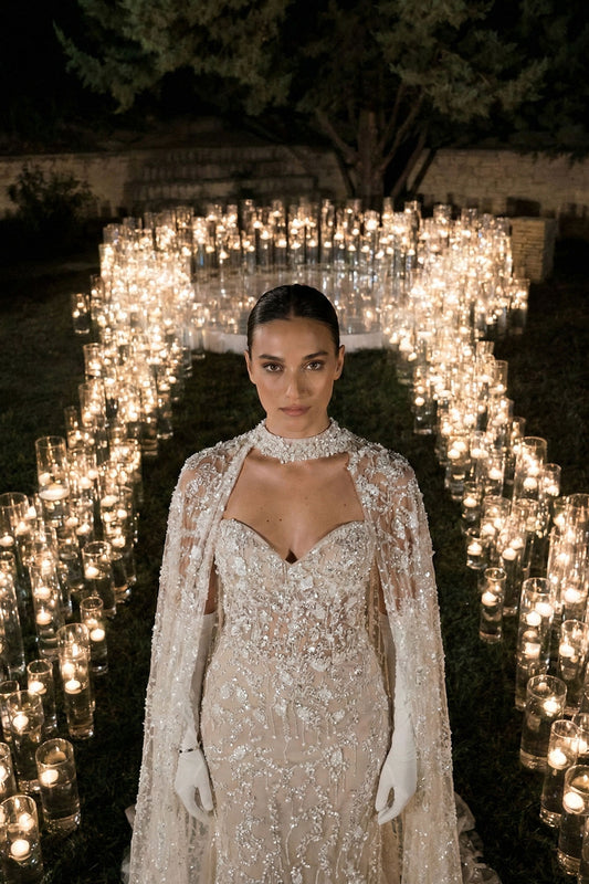 Royal Sage Choker Neck Evening Dress with Shimmering Transparent Cape