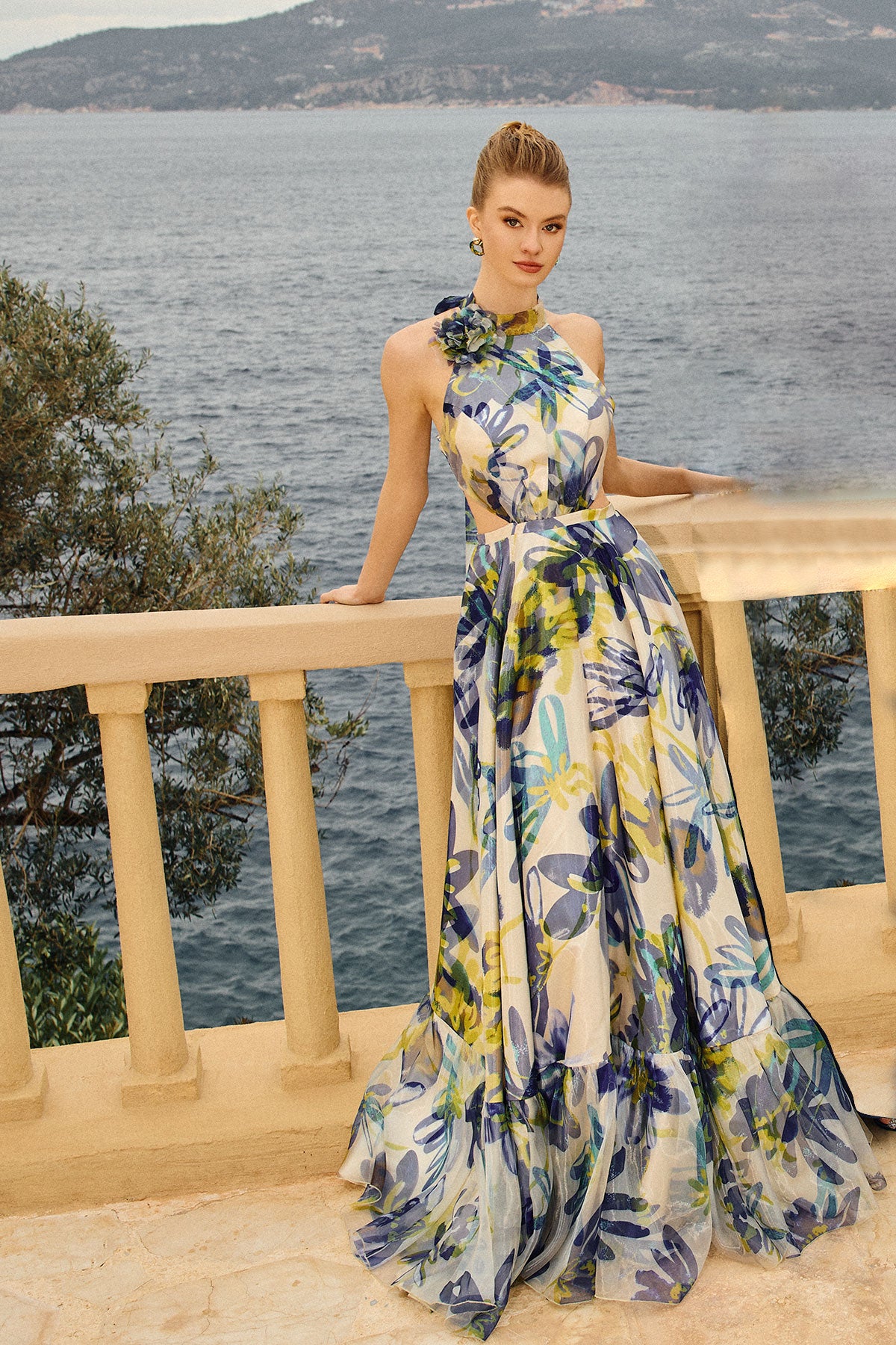 Patterned High Collar Flounce Chiffon Evening Dress – Tiara Patterned High Collar Flounce Chiffon Evening Dress – Tiara