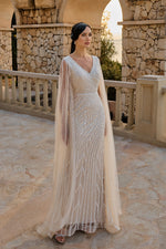 Load image into Gallery viewer, Special Evening Dress with Tulle Cape Detail and Allover Embroidery
