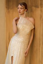 Load image into Gallery viewer, Rigid Collar Detailed Beaded Evening Dress
