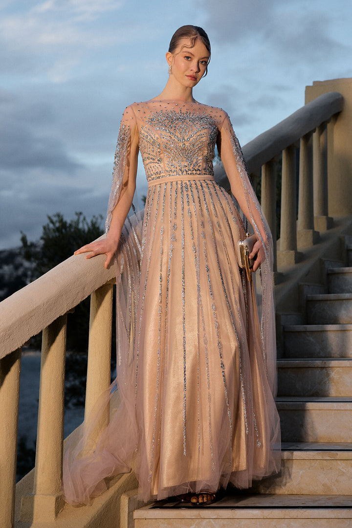 Embroidered Boat Neck Evening Dress