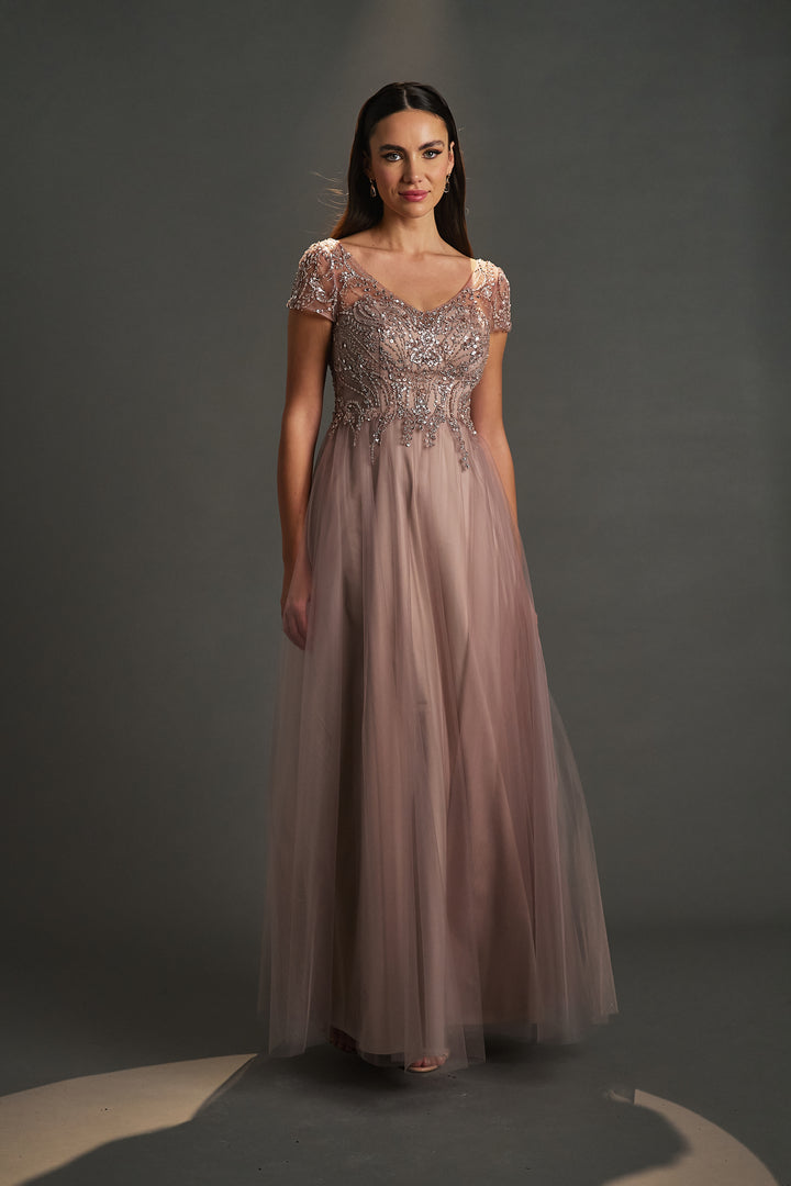 Embroidered Tulle Tiered Evening Dress