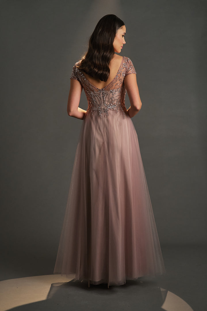 Embroidered Tulle Tiered Evening Dress