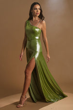 Load image into Gallery viewer, Shiny Fabric Evening Dress with Glitter Detail
