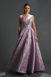 Patterned Jacquard Evening Dress with Chest Embroidery Detail