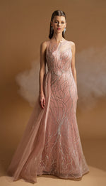 Load image into Gallery viewer, Special Evening Dress with Cape Detail at the Waist and Allover Embroidery
