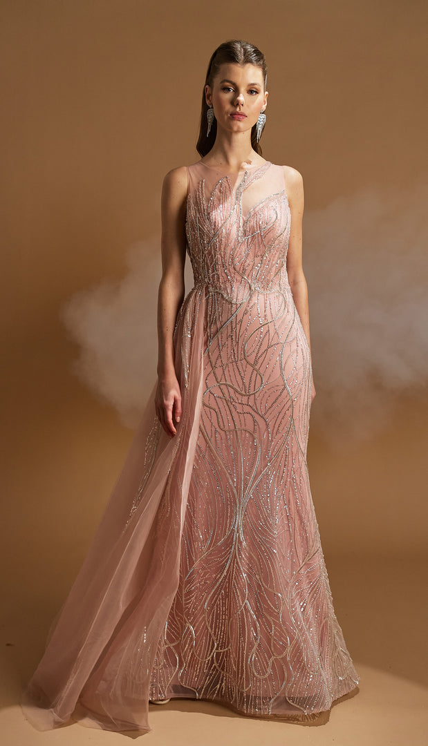 Special Evening Dress with Cape Detail at the Waist and Allover Embroidery