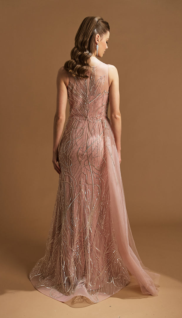 Special Evening Dress with Cape Detail at the Waist and Allover Embroidery