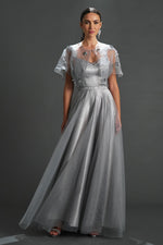 Load image into Gallery viewer, Silvery Evening Dress with Organza Bolero
