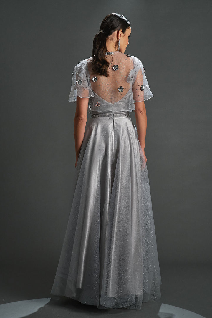 Silvery Evening Dress with Organza Bolero