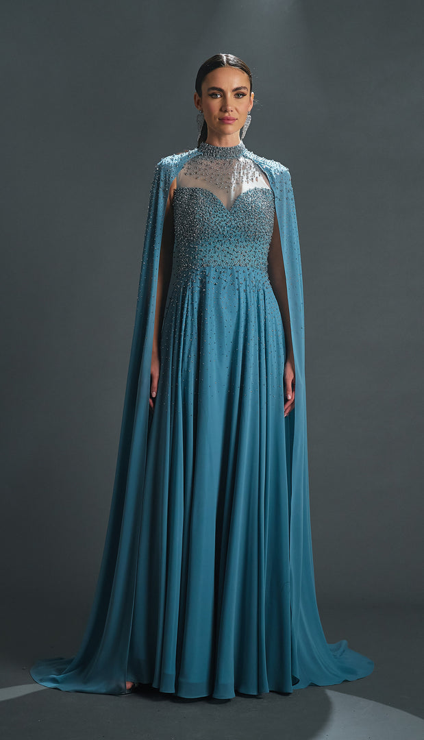 Bust Embroidered Cape Chiffon Evening Dress